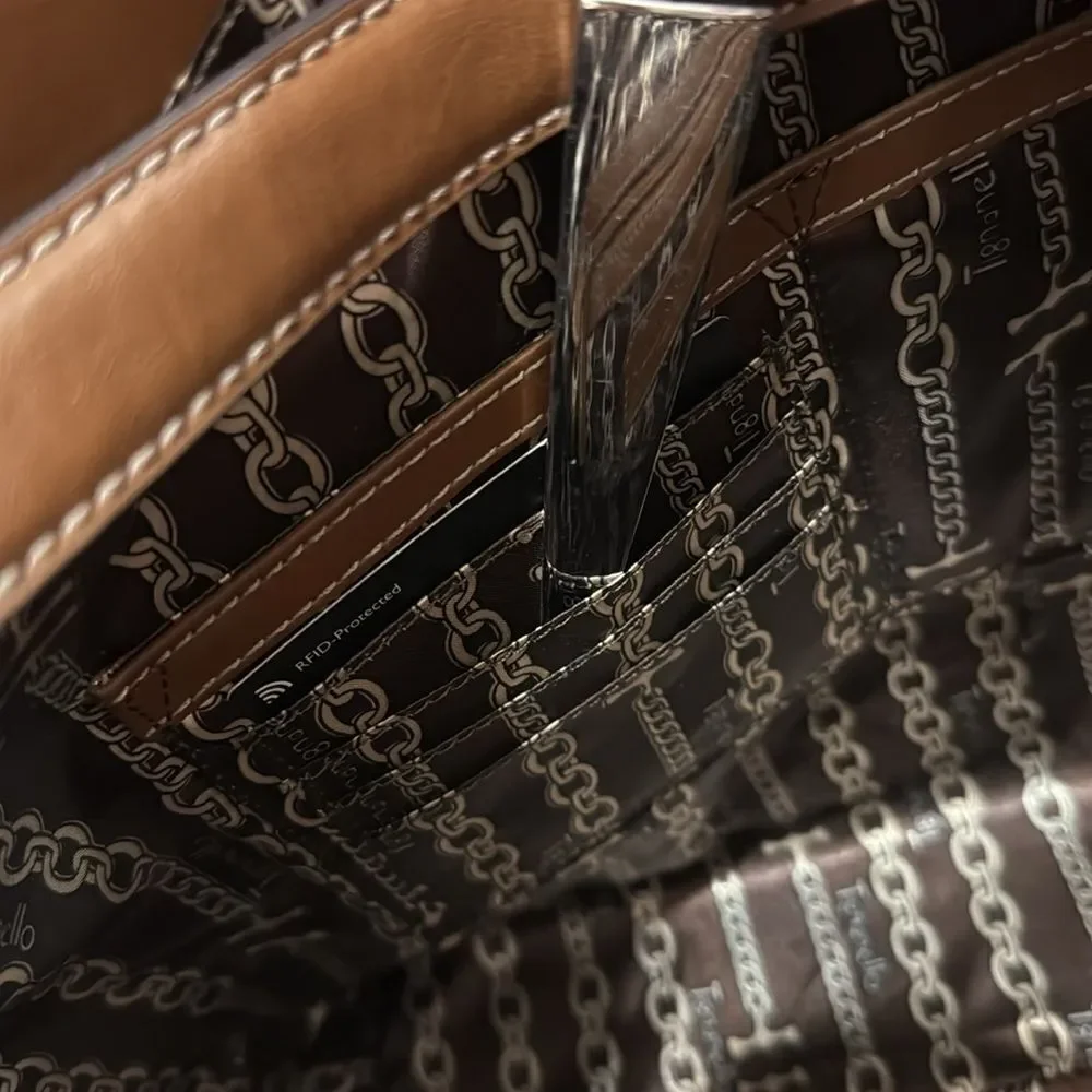 Tignanello Black Leather Brown Palm Leaf Embossed Hobo Purse Tote New No Tags